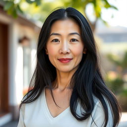 A full-body portrait of a 45-year-old woman with pale skin and long black hair, presenting her authentic beauty with an ordinary, makeup-free face