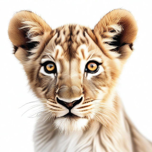 A high-quality, realistic digital art image featuring a detailed and playful lion cub against a stark white background