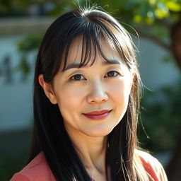 A full-body portrait of a 45-year-old woman with pale skin and long black hair, presenting her authentic beauty with an ordinary, makeup-free face