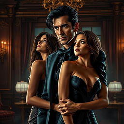 A captivating thriller-inspired scene depicting a sexy, dark-haired billionaire and a stunning woman by his side