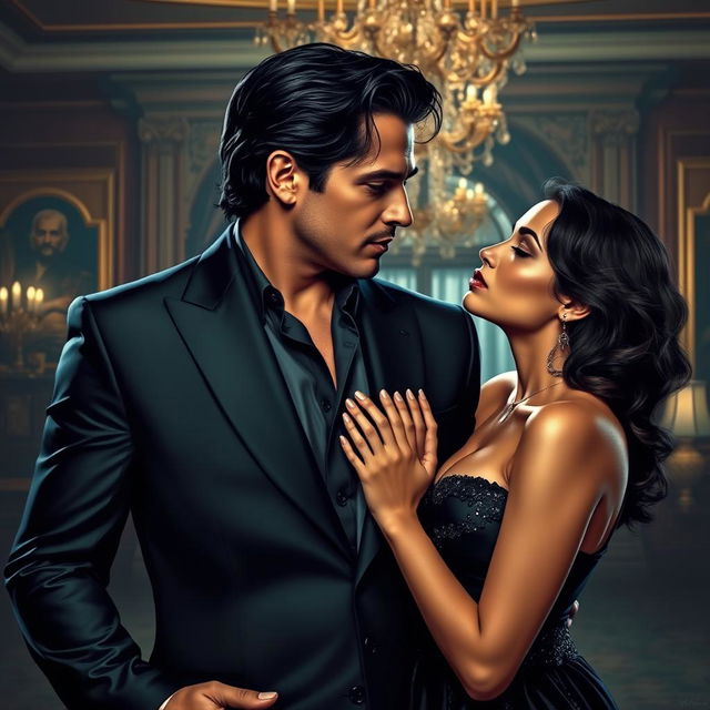 A captivating thriller-inspired scene depicting a sexy, dark-haired billionaire and a stunning woman by his side