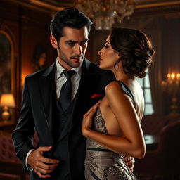 A captivating thriller-inspired scene depicting a sexy, dark-haired billionaire and a stunning woman by his side