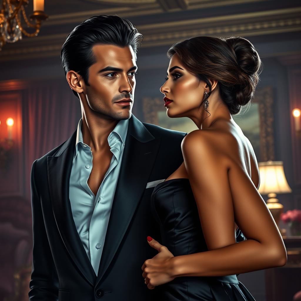 A captivating thriller-inspired scene depicting a sexy, dark-haired billionaire and a stunning woman by his side