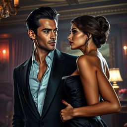 A captivating thriller-inspired scene depicting a sexy, dark-haired billionaire and a stunning woman by his side