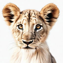 A high-quality, realistic digital art image of a full-bodied lion cub, meticulously detailed against a stark white background