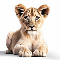 A high-quality, realistic digital art image of a full-bodied lion cub, meticulously detailed against a stark white background