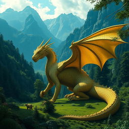 In a lush green valley surrounded by towering mountains and dense forests, there lives a massive dragon named Medragon