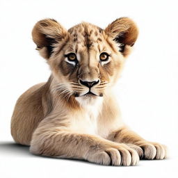 A high-quality, realistic digital art image of a full-bodied lion cub, meticulously detailed against a stark white background