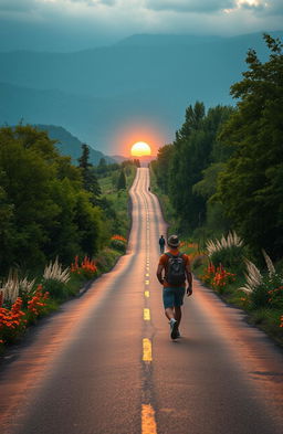 A scenic and emotional journey depicting a long, winding road surrounded by lush green landscapes leading to a distant, warm sunset