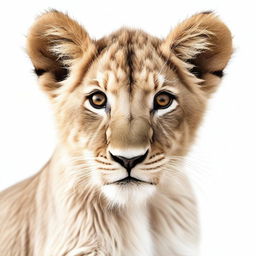 A high-quality, realistic digital art image of a full-bodied lion cub, meticulously detailed against a stark white background