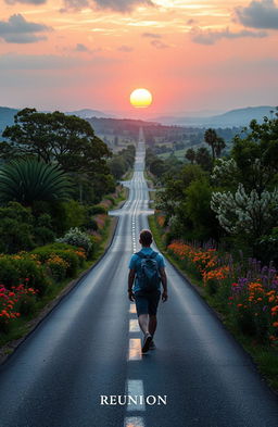 A scenic and emotional journey depicting a long, winding road surrounded by lush green landscapes leading to a distant, warm sunset
