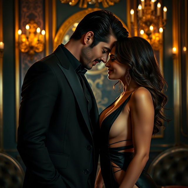 An alluring seduction scene featuring a sexy couple inspired by 'A Psycho Billionaire' by Davina