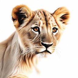 A high-quality, detailed illustration of a full-bodied lion cub against a stark white background