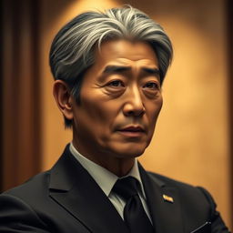A dramatic portrait of Cha Eun Woo as an older man, showcasing his refined features and mature charisma