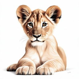 A high-quality, detailed illustration of a full-bodied lion cub against a stark white background