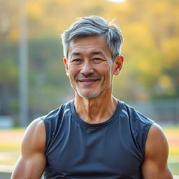 A portrait of a 57-year-old retired Hong Kong athlete, showcasing his strong physique and seasoned features