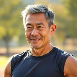 A portrait of a 57-year-old retired Hong Kong athlete, showcasing his strong physique and seasoned features