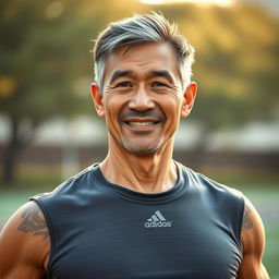 A portrait of a 57-year-old retired Hong Kong athlete, showcasing his strong physique and seasoned features
