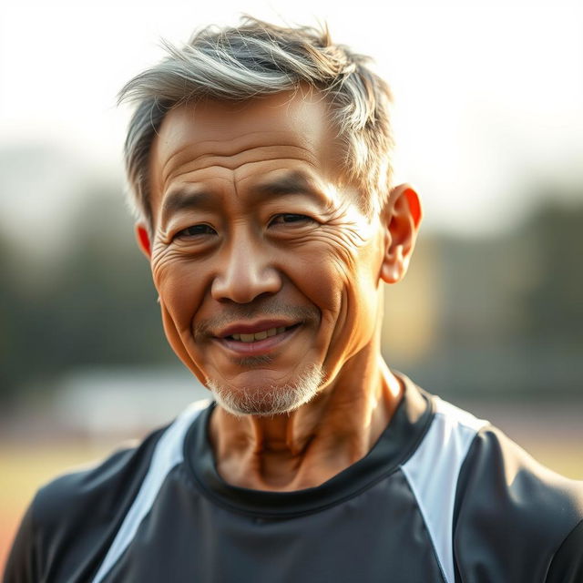 A portrait of a 57-year-old retired Hong Kong athlete, showcasing his strong physique and seasoned features