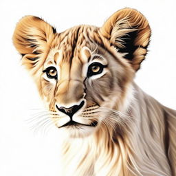 A high-quality, detailed illustration of a full-bodied lion cub against a stark white background