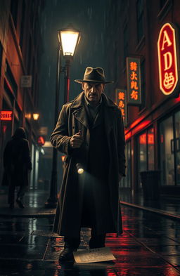 A captivating scene from an investigation thriller story set in a dark, moody urban environment at night