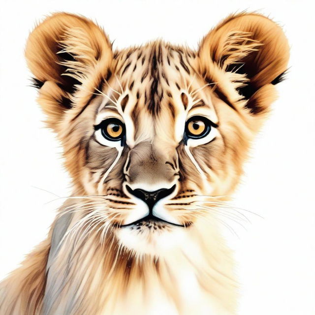 A high-quality, detailed illustration of a full-bodied lion cub against a stark white background