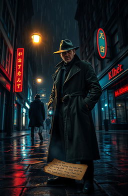 A captivating scene from an investigation thriller story set in a dark, moody urban environment at night