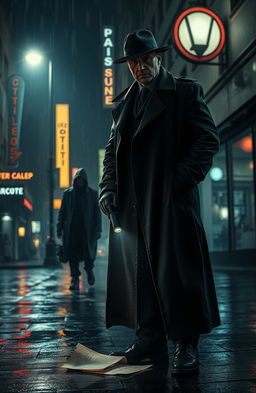 A captivating scene from an investigation thriller story set in a dark, moody urban environment at night