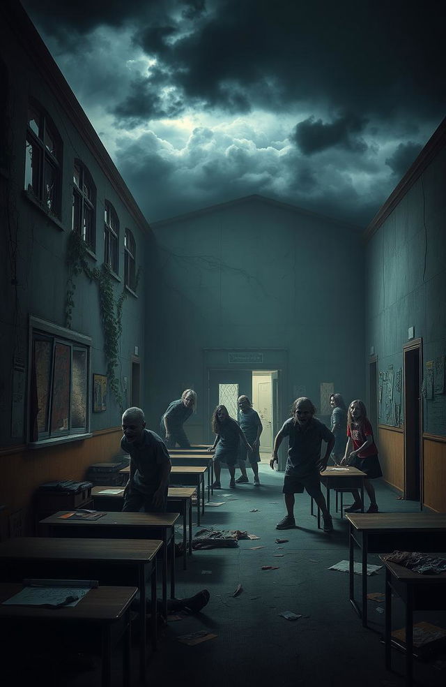 A haunting scene set in an abandoned elementary school, overrun by zombies