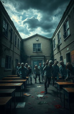A haunting scene set in an abandoned elementary school, overrun by zombies