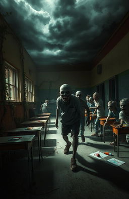 A haunting scene set in an abandoned elementary school, overrun by zombies