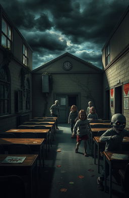 A haunting scene set in an abandoned elementary school, overrun by zombies