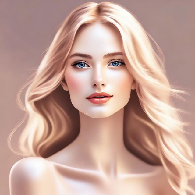 A high-quality digital art image of a beautiful, tall, and slender woman with golden hair and shining eyes