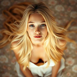 A beautiful blonde woman viewed from above, with flowing long hair cascading down her shoulders