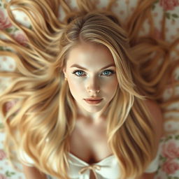 A beautiful blonde woman viewed from above, with flowing long hair cascading down her shoulders