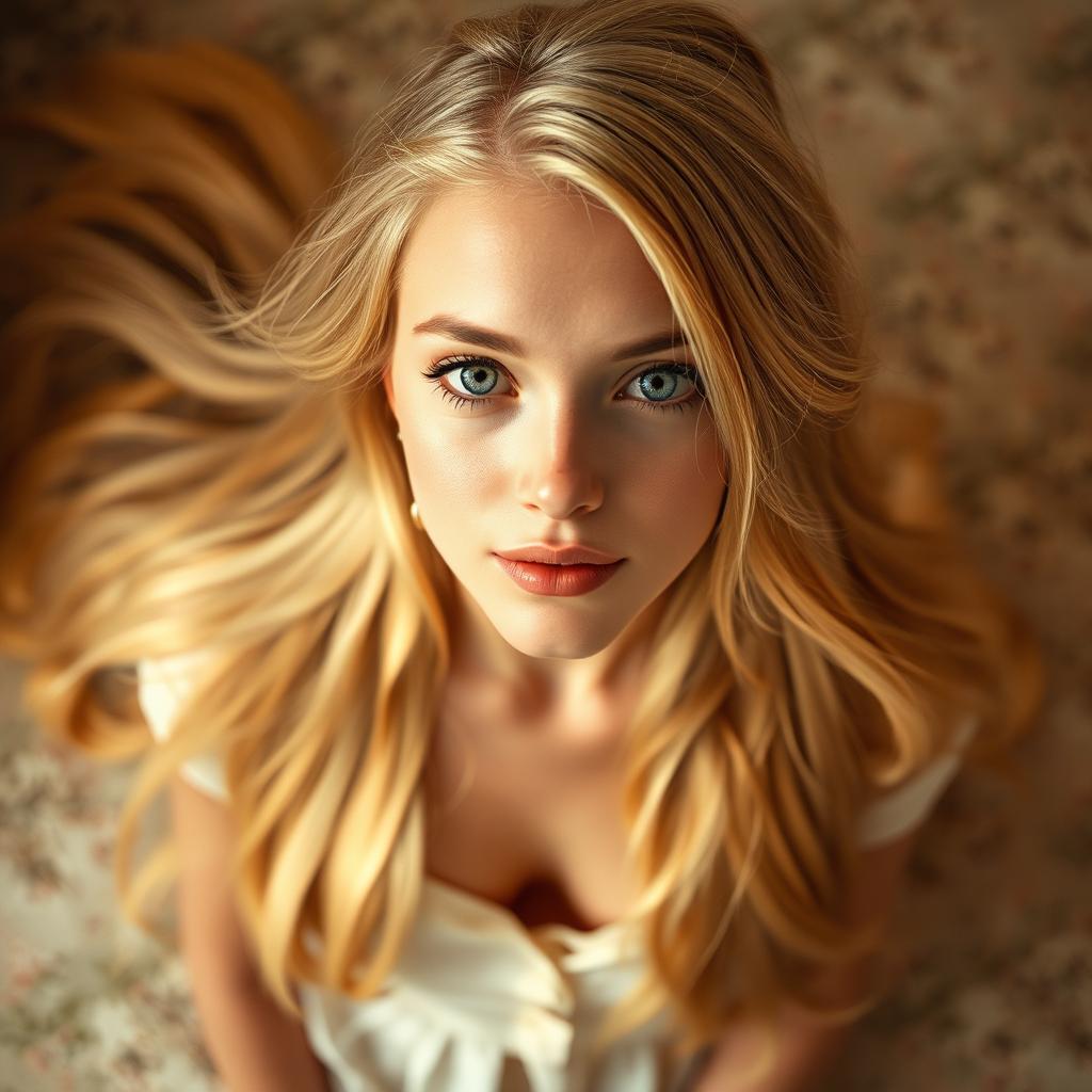 A beautiful blonde woman viewed from above, with flowing long hair cascading down her shoulders