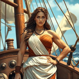 A powerful and muscular ancient Greek woman as a ship captain, standing confidently on the deck of a sturdy ship