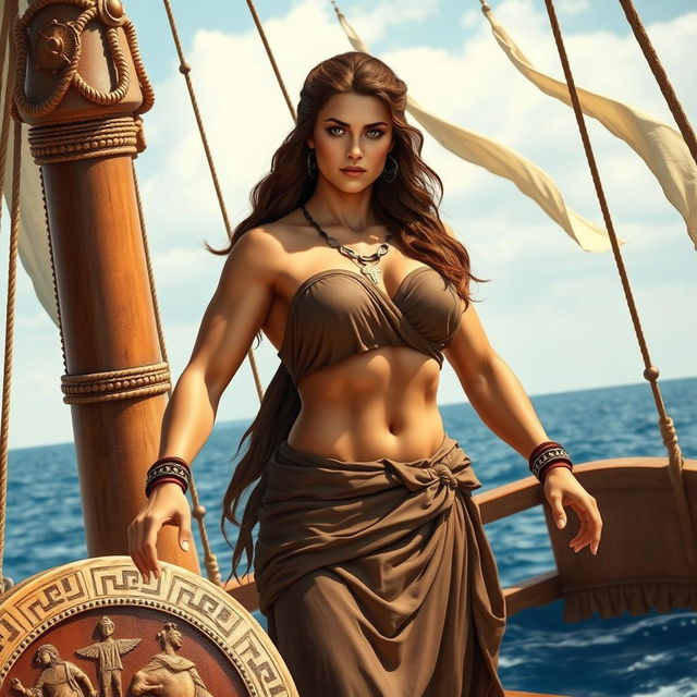 A powerful and muscular ancient Greek woman as a ship captain, standing confidently on the deck of a sturdy ship