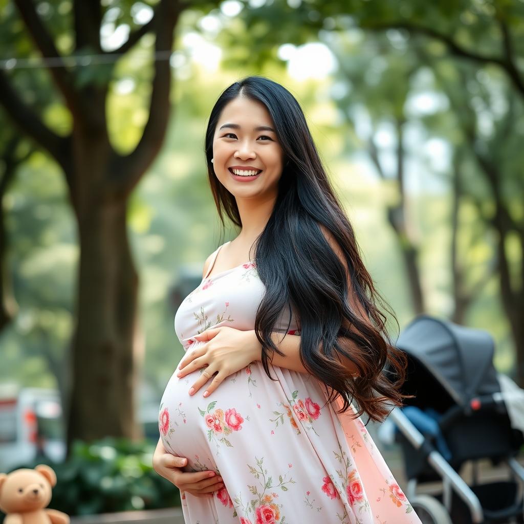 A vibrant portrait of a 30-year-old pregnant woman from Hong Kong, radiating joy and beauty