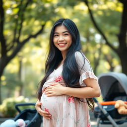 A vibrant portrait of a 30-year-old pregnant woman from Hong Kong, radiating joy and beauty
