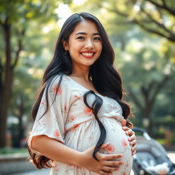 A vibrant portrait of a 30-year-old pregnant woman from Hong Kong, radiating joy and beauty