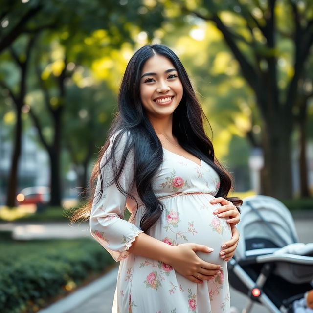 A vibrant portrait of a 30-year-old pregnant woman from Hong Kong, radiating joy and beauty