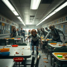 A spine-chilling scene set in an elementary school cafeteria during a zombie apocalypse
