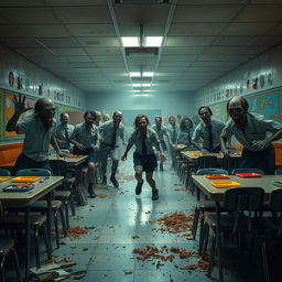 A spine-chilling scene set in an elementary school cafeteria during a zombie apocalypse