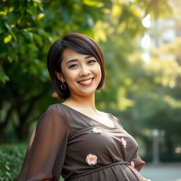 A captivating portrait of a 30-year-old pregnant woman from Hong Kong, showcasing her stylish short hair, which is sleek and beautifully frames her face