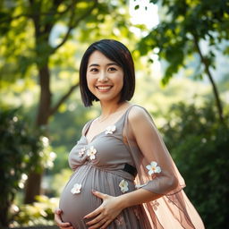 A captivating portrait of a 30-year-old pregnant woman from Hong Kong, showcasing her stylish short hair, which is sleek and beautifully frames her face