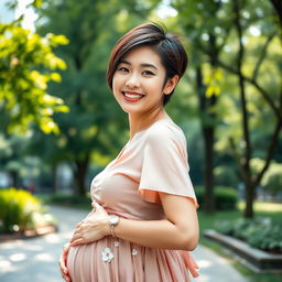 A captivating portrait of a 30-year-old pregnant woman from Hong Kong, showcasing her stylish short hair, which is sleek and beautifully frames her face