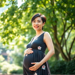 A captivating portrait of a 30-year-old pregnant woman from Hong Kong, showcasing her stylish short hair, which is sleek and beautifully frames her face