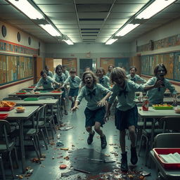 A spine-chilling scene set in an elementary school cafeteria during a zombie apocalypse