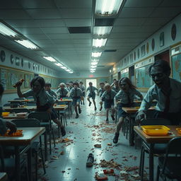 A spine-chilling scene set in an elementary school cafeteria during a zombie apocalypse